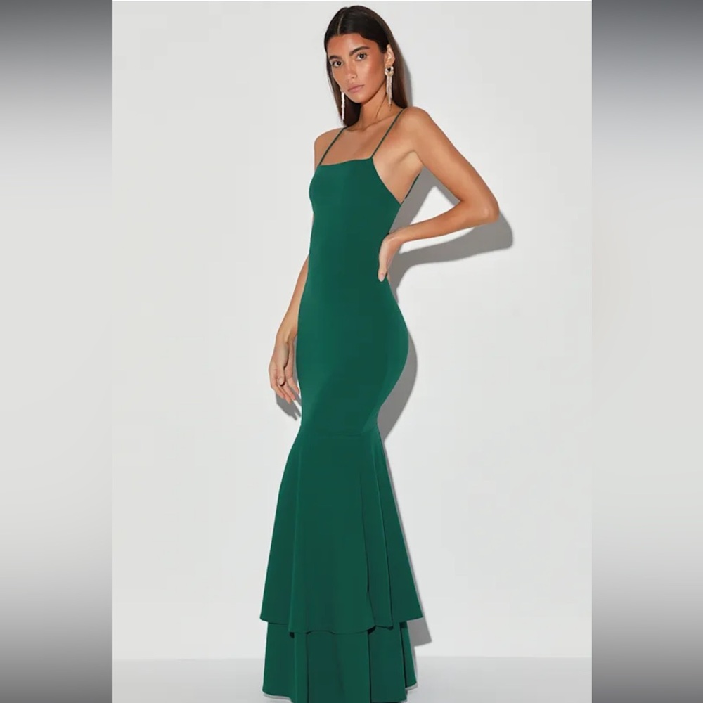 Tier and There Hunter Green Tiered Trumpet Hem Dress